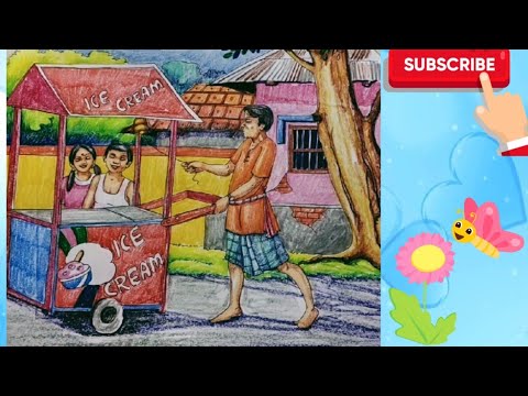 Easy summer season subject drawing/ kulfiwala drawing/ hawker selling ice cream drawing