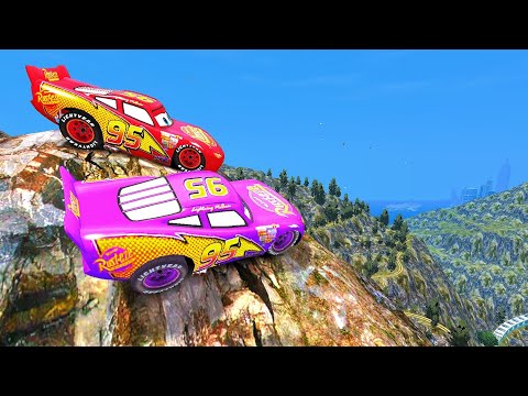 Red Lightning McQueen🌋 Vs Purple McQueen Cliff Drop Testing Ep. 1 - GTA IV Cars Mod