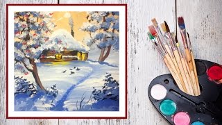Смотреть онлайн Как нарисовать пейзаж зимы гуашью поэтапно