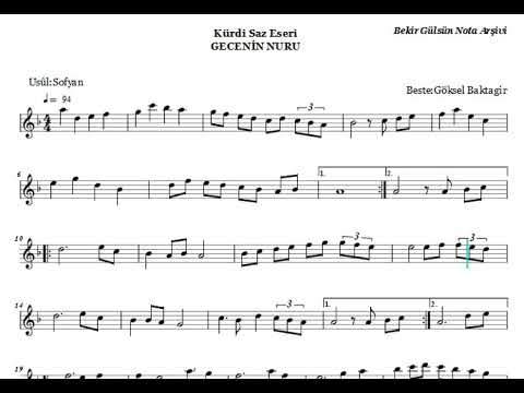 Gecenin Nuru - Kürdi Saz Eseri (Göksel Baktagir) Nota Eşliğinde (Ahenk: Kız Neyi - B)