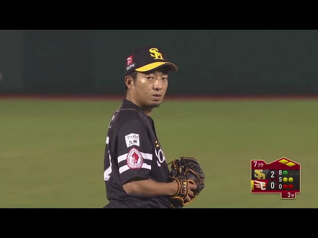 【7回裏】左キラーが見事な火消し!! ホークス・嘉弥真 スライダーで空振り三振を奪いピンチを凌ぐ!! 2019/8/13 E-H