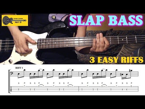 SLAP BASS Riffs For Beginners - 3 Easy Slap Bass Lines Riffs - BASS LESSON TUTORIAL with TABS