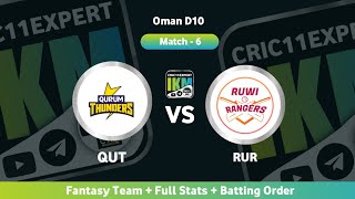 QUT vs RUR | QUT vs RUR Dream11| Qurum Thunder vs Ruwi Rangers Dream11 Prediction| Oman D10 Match 6