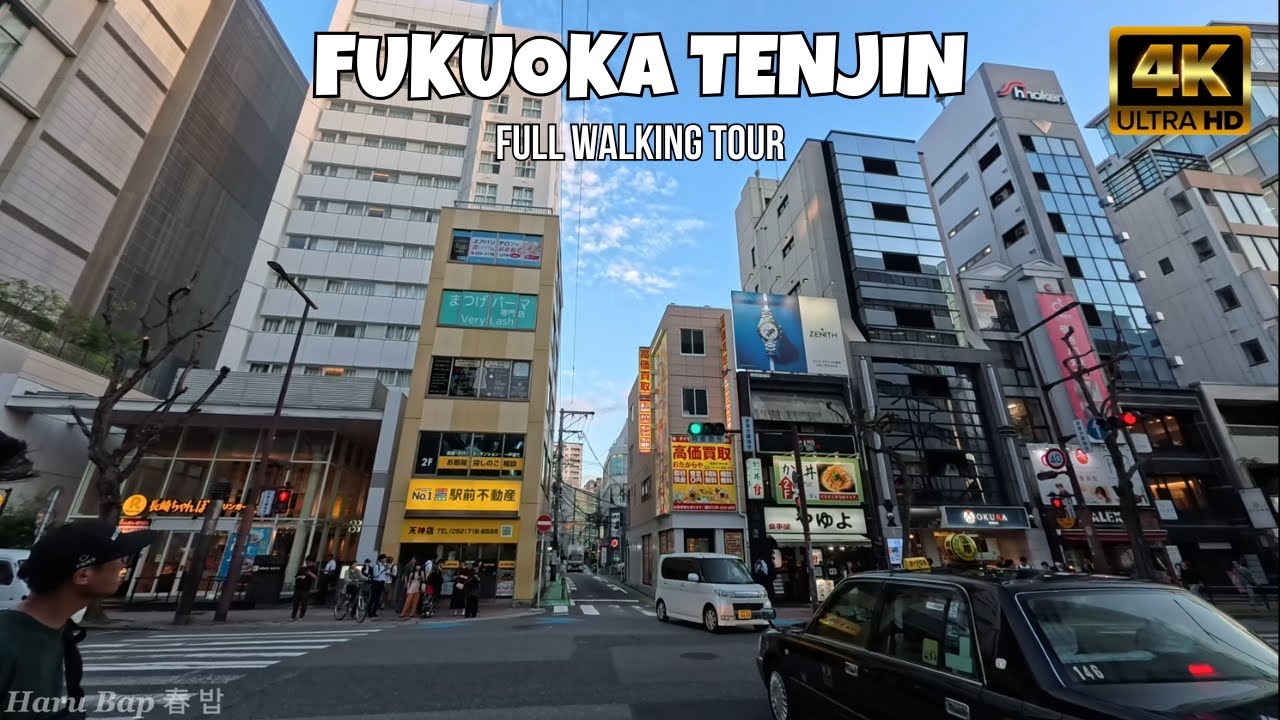 Immersive street-level walking tour through Fukuoka Canal City, Japan, showcasing authentic urban landscapes, local architecture, and the vibrant atmosphere of the city's neighborhoods