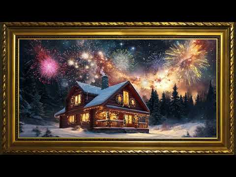 New Year Home Celebration, Vintage Oil Painting | Gold Framed TV Art Screensaver with Fireworks