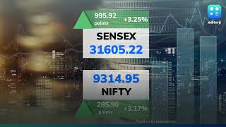Sensex jumps 1,000 points; Nifty ends above 9,300