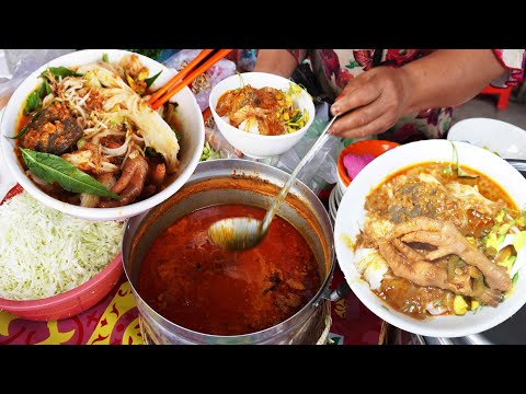 Cambodian Rice Noodle Fish Curry, Cambodian Street Food @ Kach Chrung Market Ta Khmao