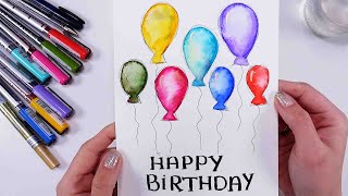 5 MINUTES Birthday CARD - how to paint & draw balloons using Markers @karinmarkers