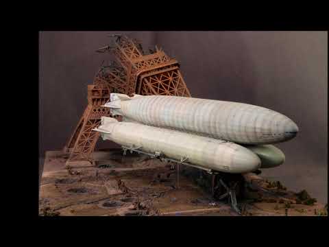 Fantasy 1/700th scale Steampunk hunter-killer mega-Zeppelin over a defeated Paris in 1918 - WW1