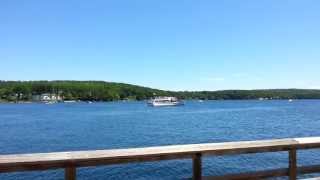 preview picture of video 'The U.S. Mail Boat Sophie C. Leaves Meredith Town Docks, Lake Winnipesaukee, NH, 6/15/13'