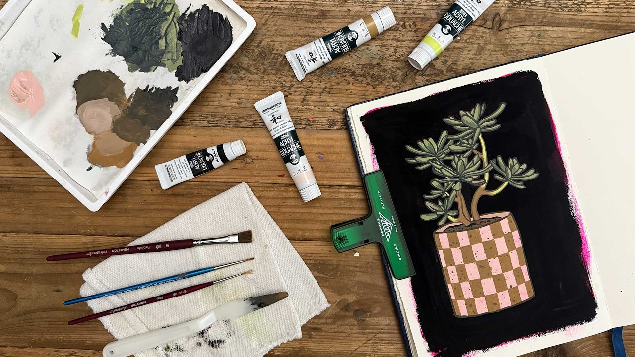 Painting a Succulent in a Pot with Turner Acryla Gouache - Limited Palette on Fluorescent Pink