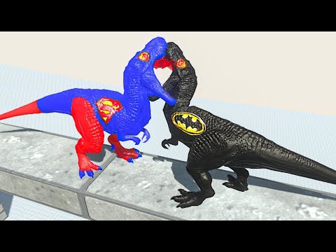 SUPERMAN T REX VS BATMAN T REX DEATH FALL   Animal Revolt Battle Simulator