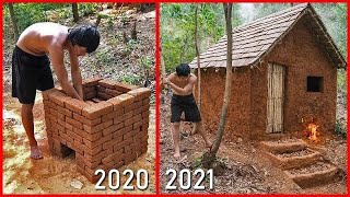 Building a Shelter for a full and warm life | Bushcraft wood structure,clay roof & fireplace