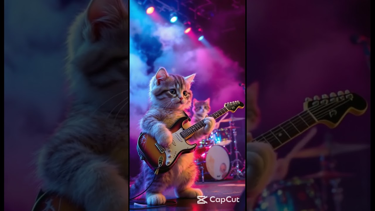 A AI cat playing a guitar on stage