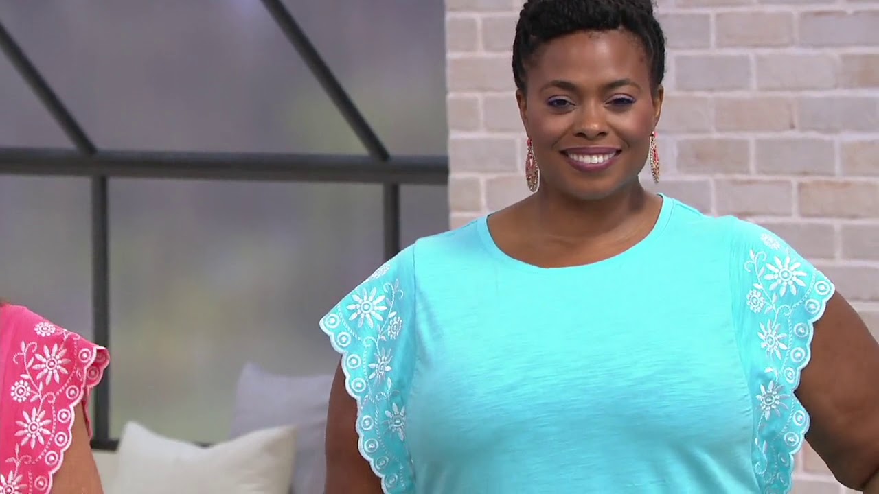 Belle by Kim Gravel Slub Knit Eyelet Flutter Sleeve Top on QVC