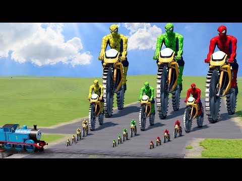 Big & Small: Spider-Man vs Green Spiderman vs Yellow Spiderman with Saw Wheels vs Thomas the Train