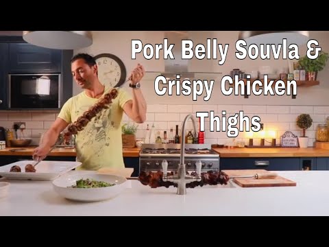 Slow Cooked Pork Belly Souvla and Crispy Chicken Thighs with Asian Slaw