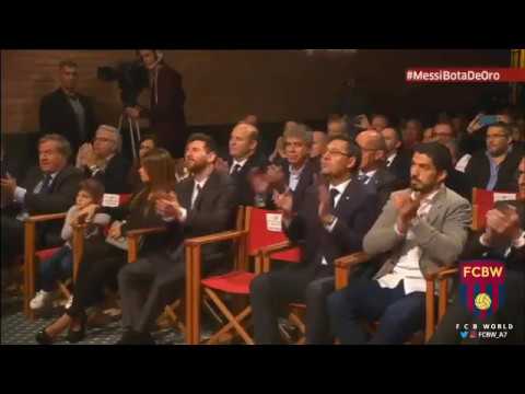 Suarez joking with Messi's boy, Thiago, during Golden Shoe ceremony 2017