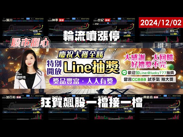 12/02【甜心盤後影音】狂賀飆股一檔接一檔，百萬大抽獎人人有獎！世紀、濱川50%．映興60%．華星光．新盛力．加百裕．順達．興能高．神準．弘凱輪流噴漲停！