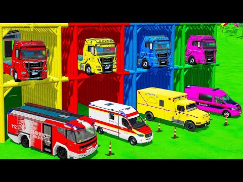 POLICE CARS, LOADER, AMBULANCE, FIRE DEPARTMENT TRANSPORTING WITH SCANIA TRUCKS ! FS22