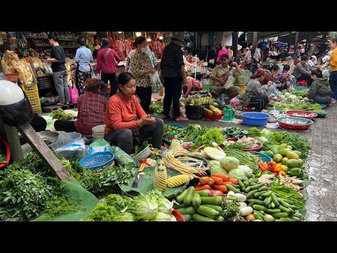 Boeng Trabek Morning Food Market Scene - Plenty Vegetable, Fruit, Fish, Seafood, Beef & More Food