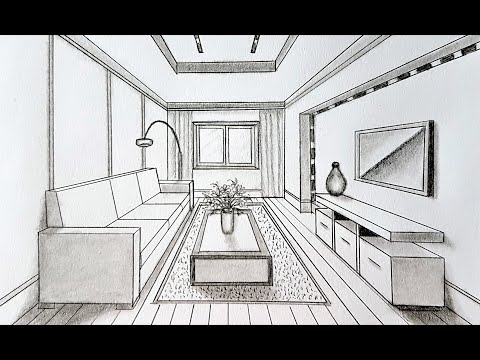 How to draw a living room in one point perspective