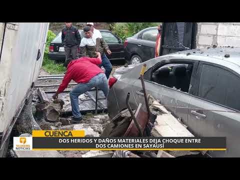 Dos heridos y daños materiales deja choque entre dos camiones en Sayausí