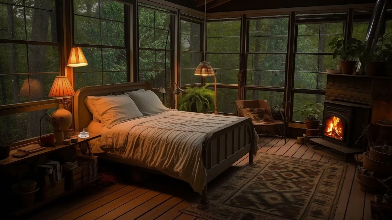 Hidden Room In Rainy Forest Ambience with Piano ,Fireplace, Rain Outside -Gentle Rain Sound To Sleep