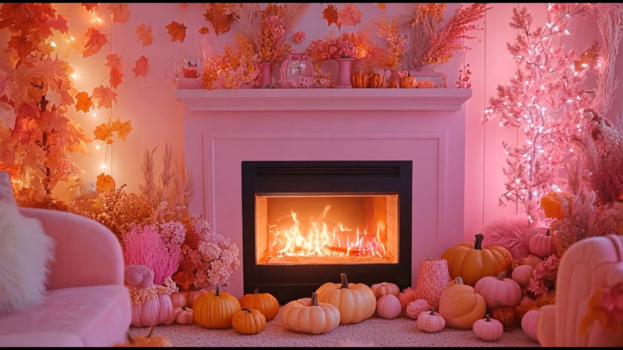 Cozy Pink Preppy Autumn Fireplace ✨ Girly Fall Aesthetic Ambience for Sleep Focus Relaxation HD 1080