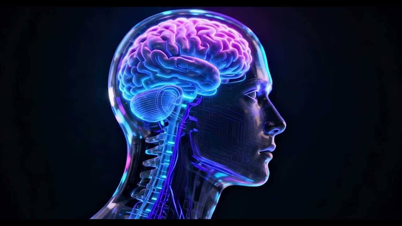 Futuristic AI Human Head with Glowing Digital Brain and Neural Network Technology