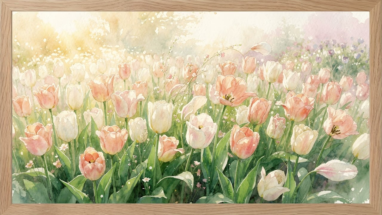 Soft Tulip Watercolor 2 Hours🌷 4K Frame TV Art in Wood Frame | Spring Cozy Ambience — 4K ambient art screensaver in baroque gold frame