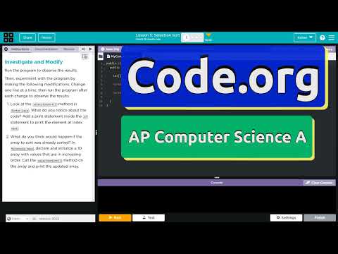 Code.org Lesson 5.1 Selection Sort | Tutorials with Answers | Unit 8 CSA