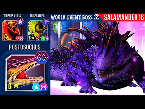 WORLD EVENT BOSS POSTOSUCHUS VS SALAMANDER 16 VS DILOPHOSAURUS & TRICERATOPS JURASSIC WORLD THE GAME