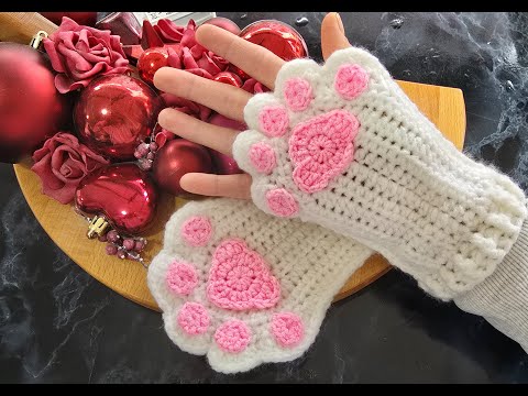 Manusi crosetate- Crochet cat paw fingerless gloves
