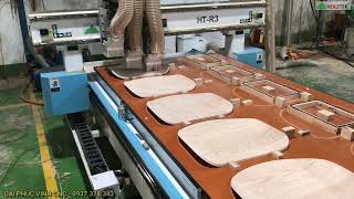 MÁY CNC 3 ĐẦU KHOAN LỖ, PHAY BIÊN DẠNG PLYWOOD LÀM MẶT GHẾ BỌC NỆM HT-R3