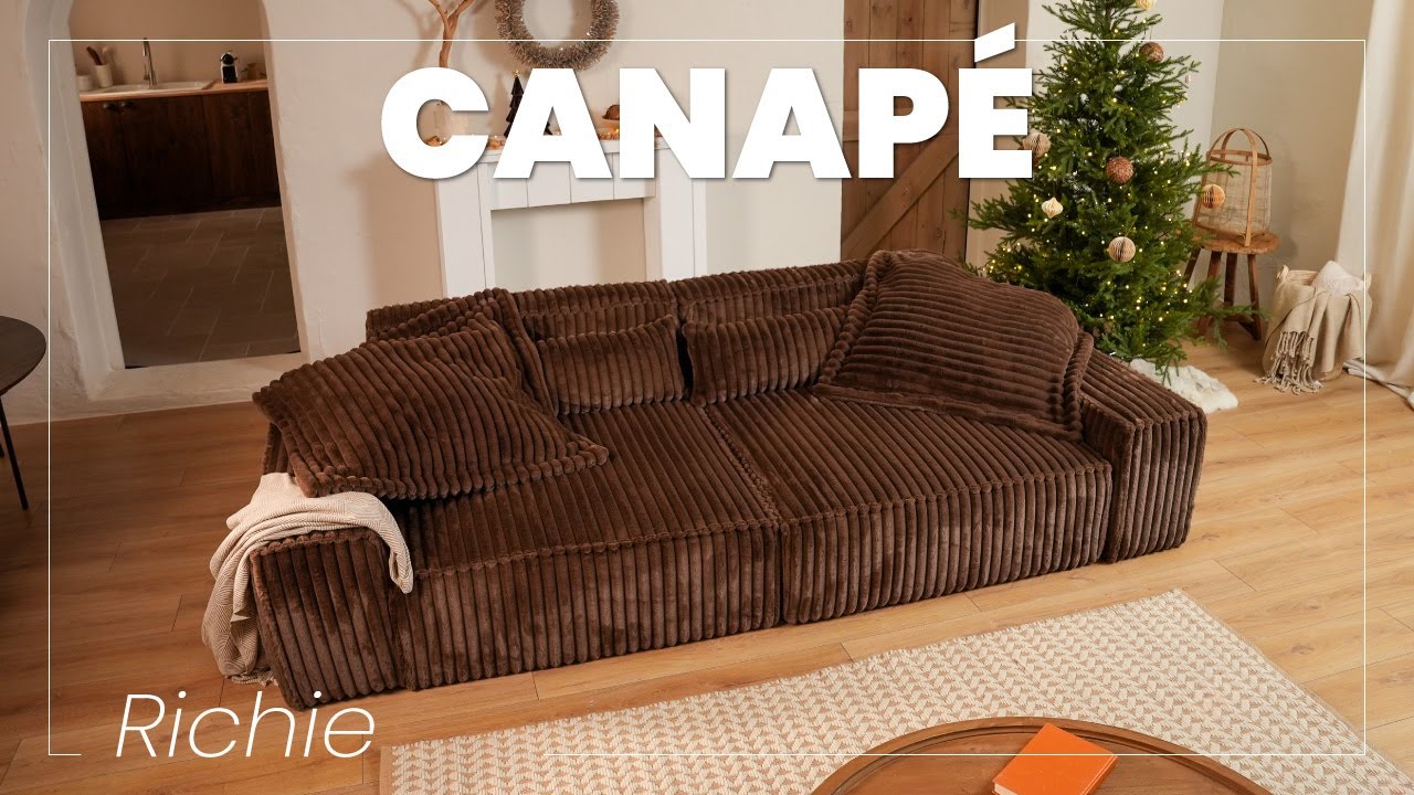 Thumbnail video of the produit Richie - canapé droit 3 places avec double méridienne - assise profonde - en fausse fourrure côtelée