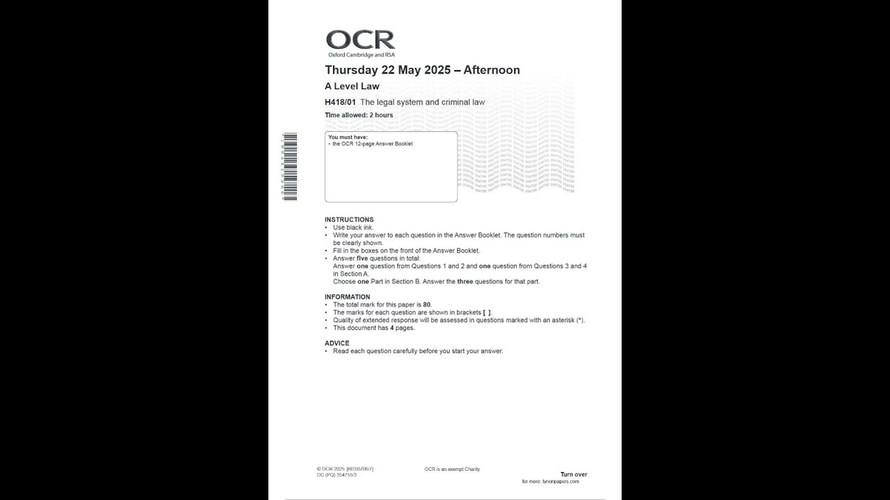 OCR A LEVEL LAW Paper 1, 2, 3 & 4 JUNE 2025 QUESTION PAPERS AND MARK SCHEMES