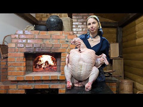 Building village oven. Cooking 18 kg turkey stuffed with cabbage rolls