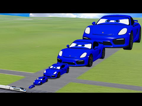 Big & Small Blue Porsche Cars Lightning Mcqueen VS Train Thomas | BeamNG.drive