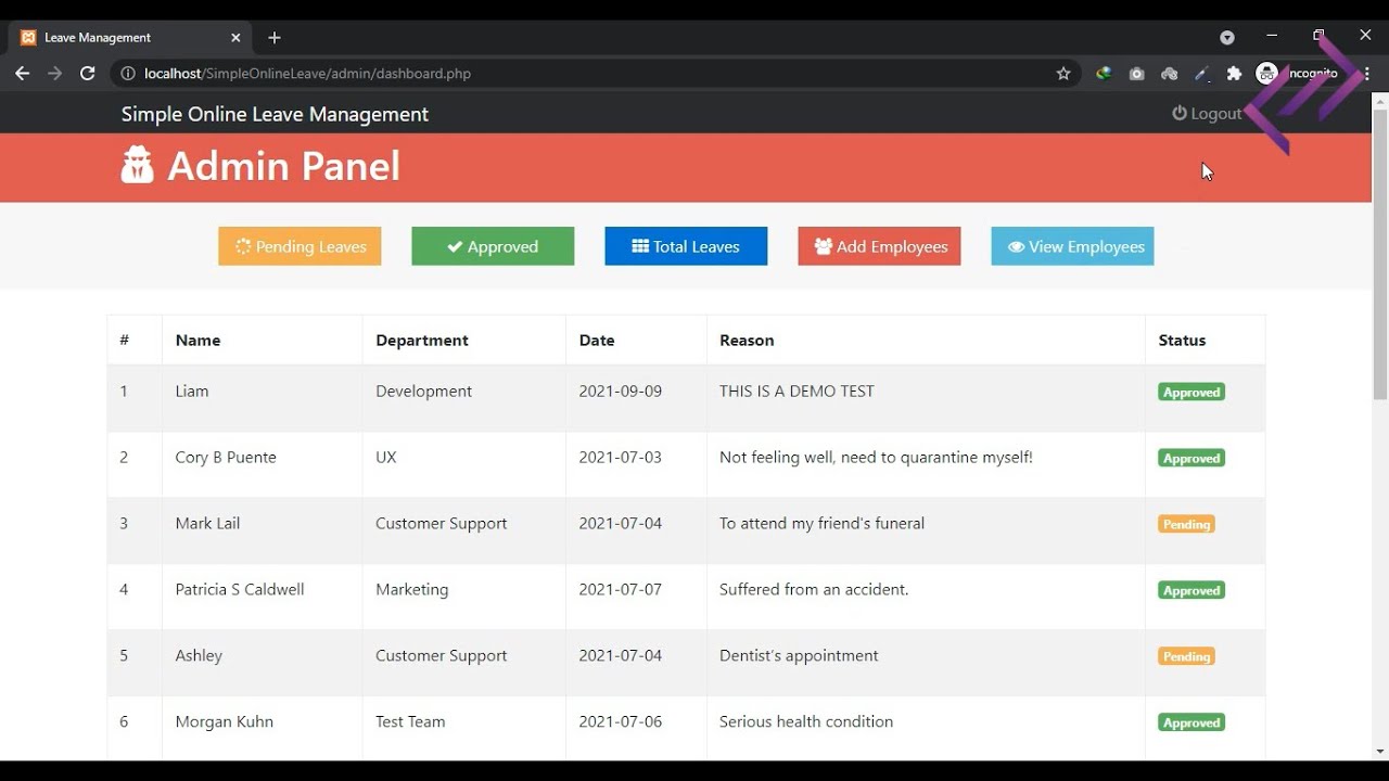 Simple Online Leave Management System in PHP MySQL with Source Code - CodeAstro