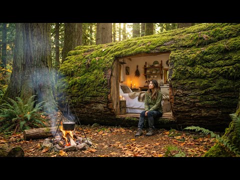Building a Secret Dugout Shelter in the deep Hollow Tree. Bushcraft