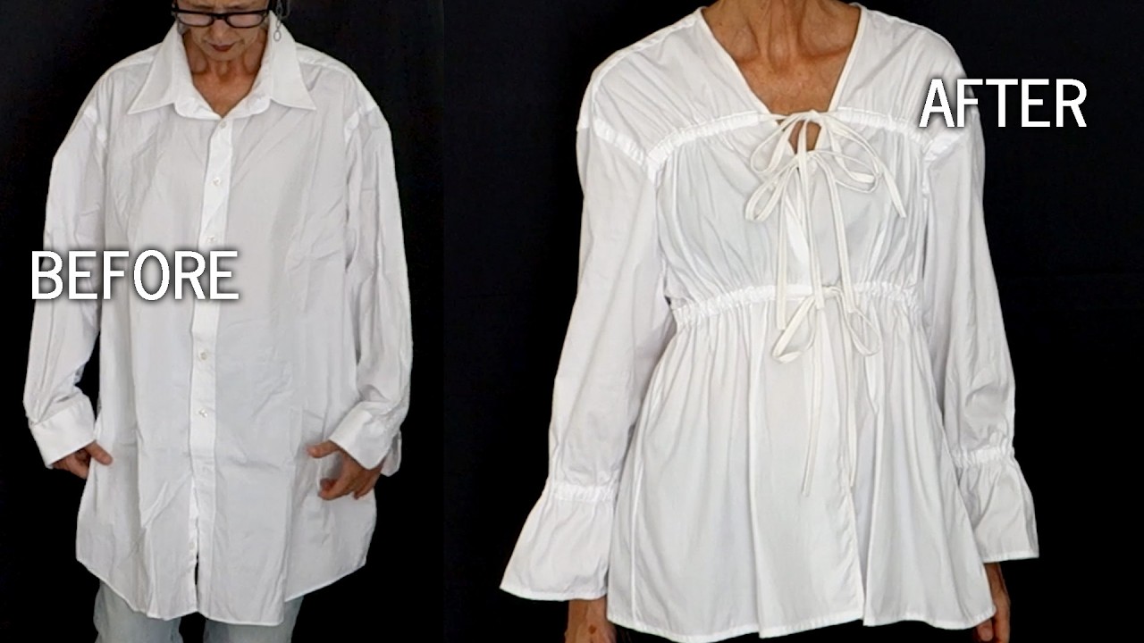 DIY MEN'S SHIRT REFASHION : Upcycle oversized shirt to women's drawstring top