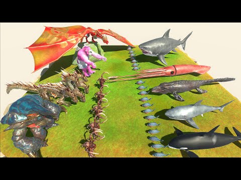 Aquatics Battle - Megalodon VS Flying Team Dragon + Goro The Giant - Animal Revolt Battle Simulator
