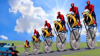 Big & Small Spiderman on a motorcycle on one saw wheel vs Thomas the Tank Engine Train | BeamNG