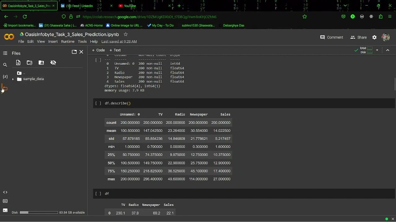 Oasis Infobyte Internship | Data Science | Task #5 SALES PREDICTION USING PYTHON