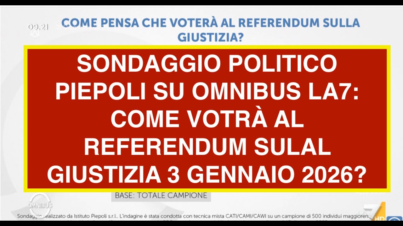 SONDAGGIO POLITICO PIEPOLI SU OMNIBUS LA7: COME VOTRÀ AL REFERENDUM SULAL GIUSTIZIA 3 GENNAIO 2026?