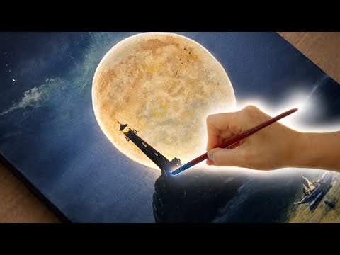 How to paint a tranquil night landscape with full moon | Lighthouse and calm sea -Acrylic painting 