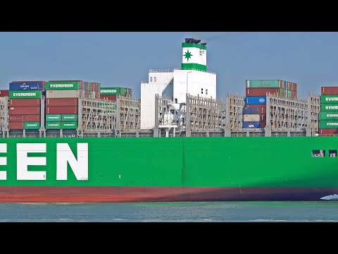 REPAINTED 20000 CONTAINER CAPACITY "EVER GOODS" LEAVING ANTWERPEN PORT - 4K SHIPSPOTTING JUNE 2023
