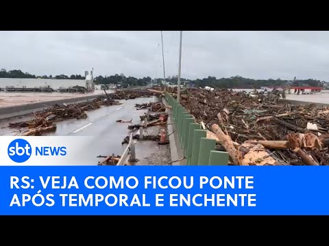 RS: Ponte do rio Taquari emerge tomada de entulho e troncos após temporal e enchente