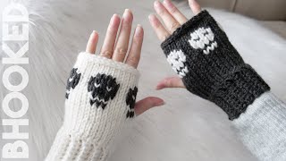 Tunisian Crochet Hand Warmers with Cute Little Skulls